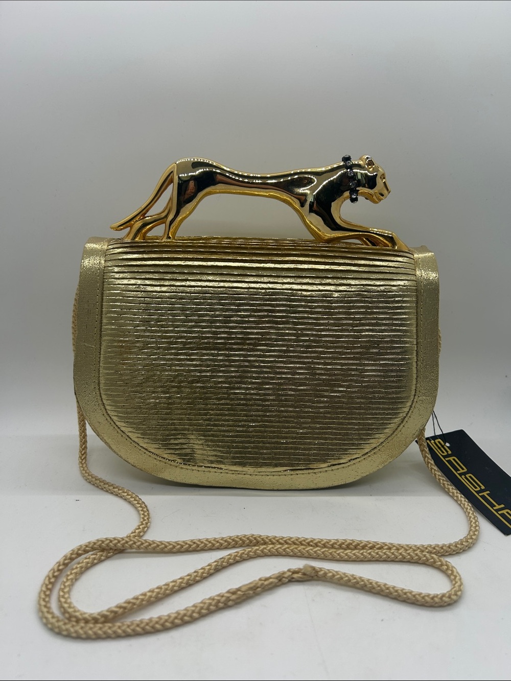 Sasha Vintage NWT Gold Crossbody Bag with Panther Handle Evening Bag Purse 🌺🌺 - Picture 1 of 11